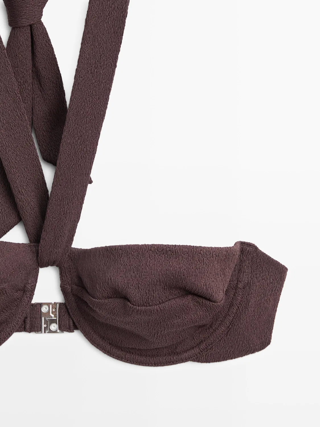 Бикини-топ Massimo Dutti, текстурированный, на косточках и с завязками на шее, коричневый — фото 4