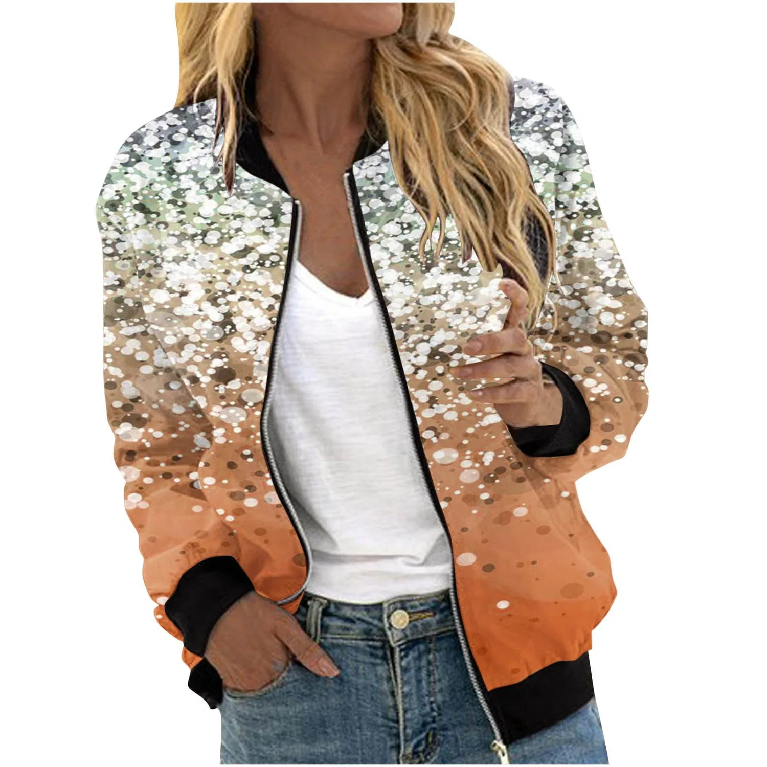Женское зимнее пальто с принтом Black Bomber Jacket, Orange
