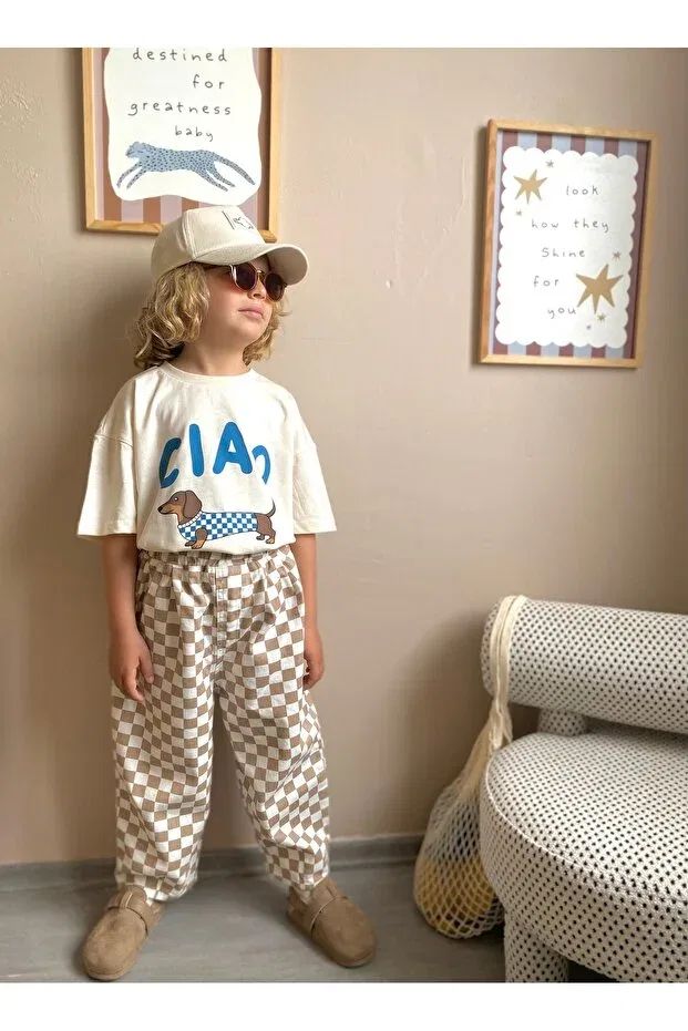 Детские брюки для девочек широкие Checkered pants Padri Kids, Nude Color — фото 2