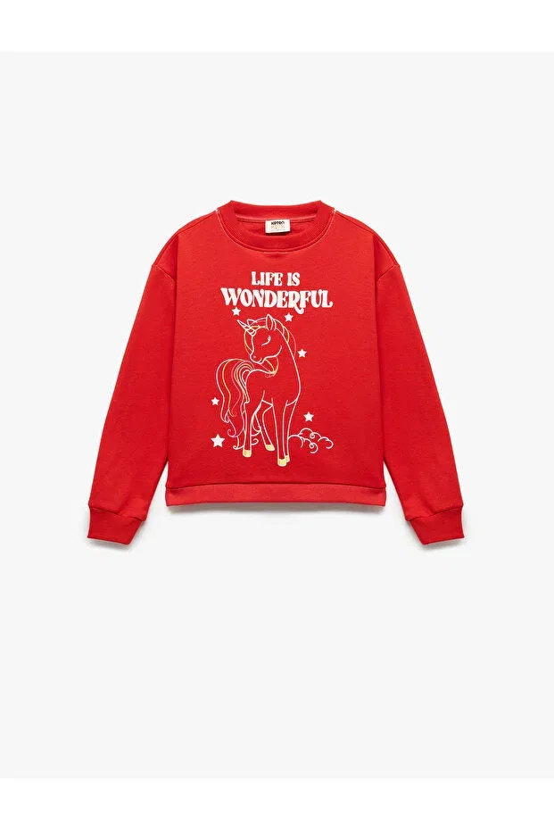 Детские свитшот для девочек с принтом Shardonlu Long Sleeve Crew Neck Cotton Unicorn Printed Koton, Red