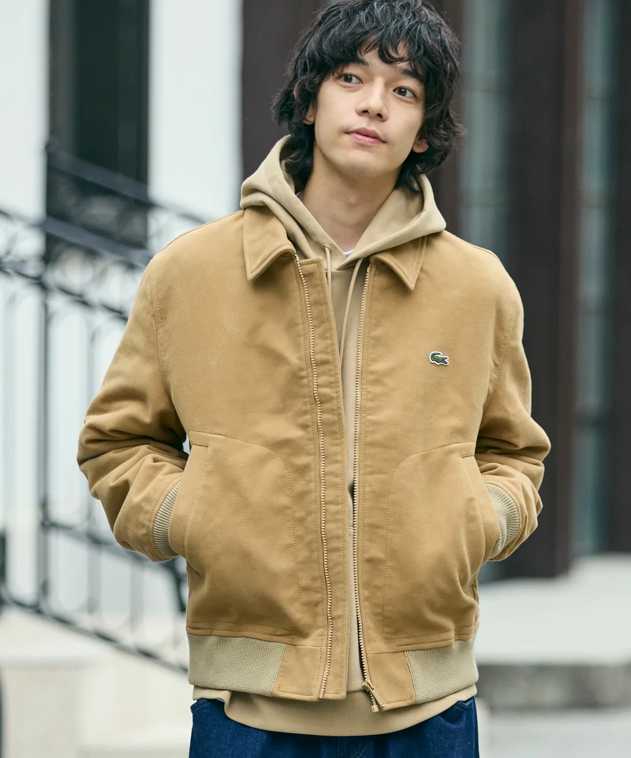 Мужское/Женское утепленное пальто-бомбер из молескина LACOSTE, Бежевый — фото 4