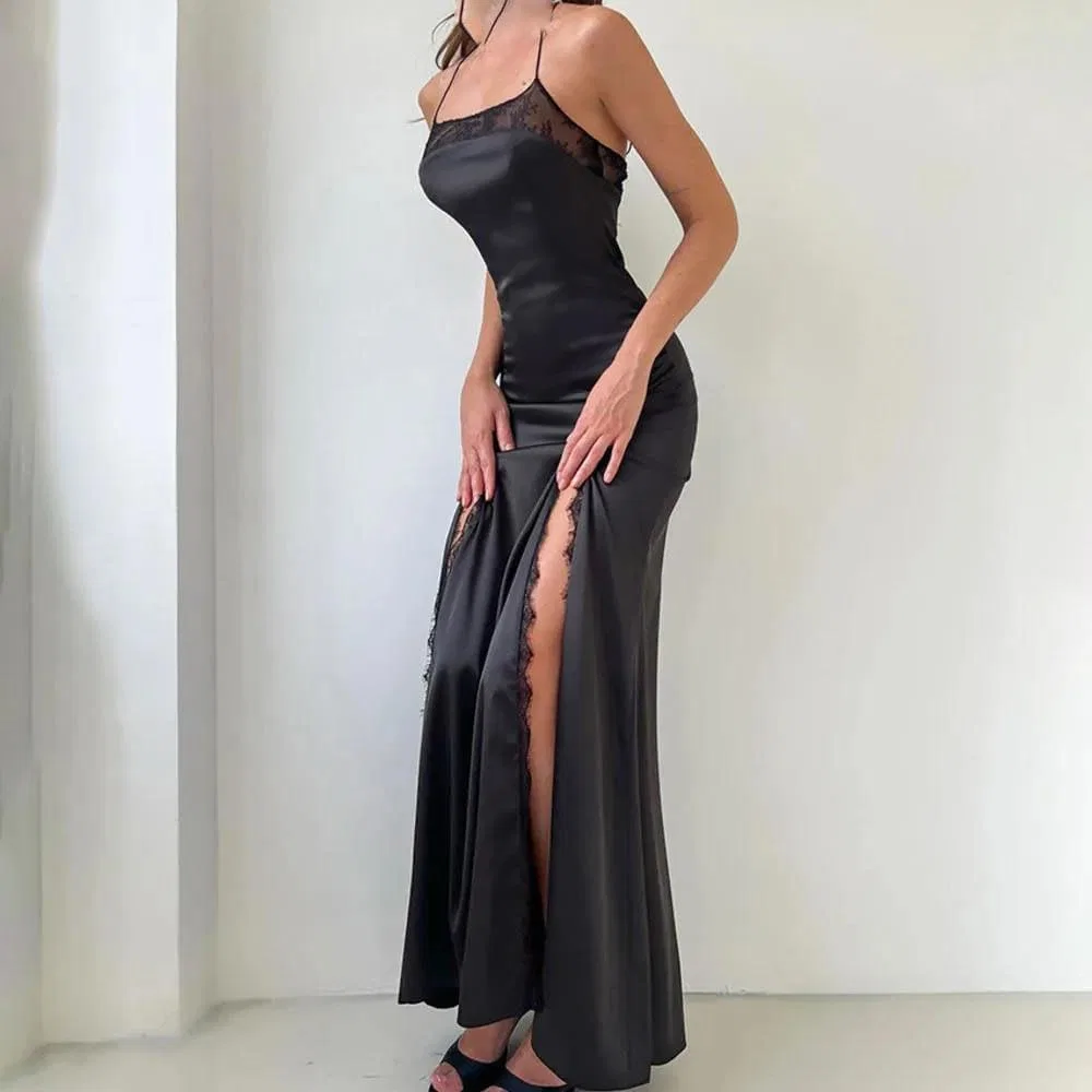 Женское макси-платье с разрезом и открытой спиной, Black — фото 3