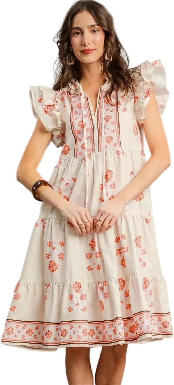 Женское платье с цветочным принтом Tie Neck Ruffle Cap Sleeve, Burnt Coral