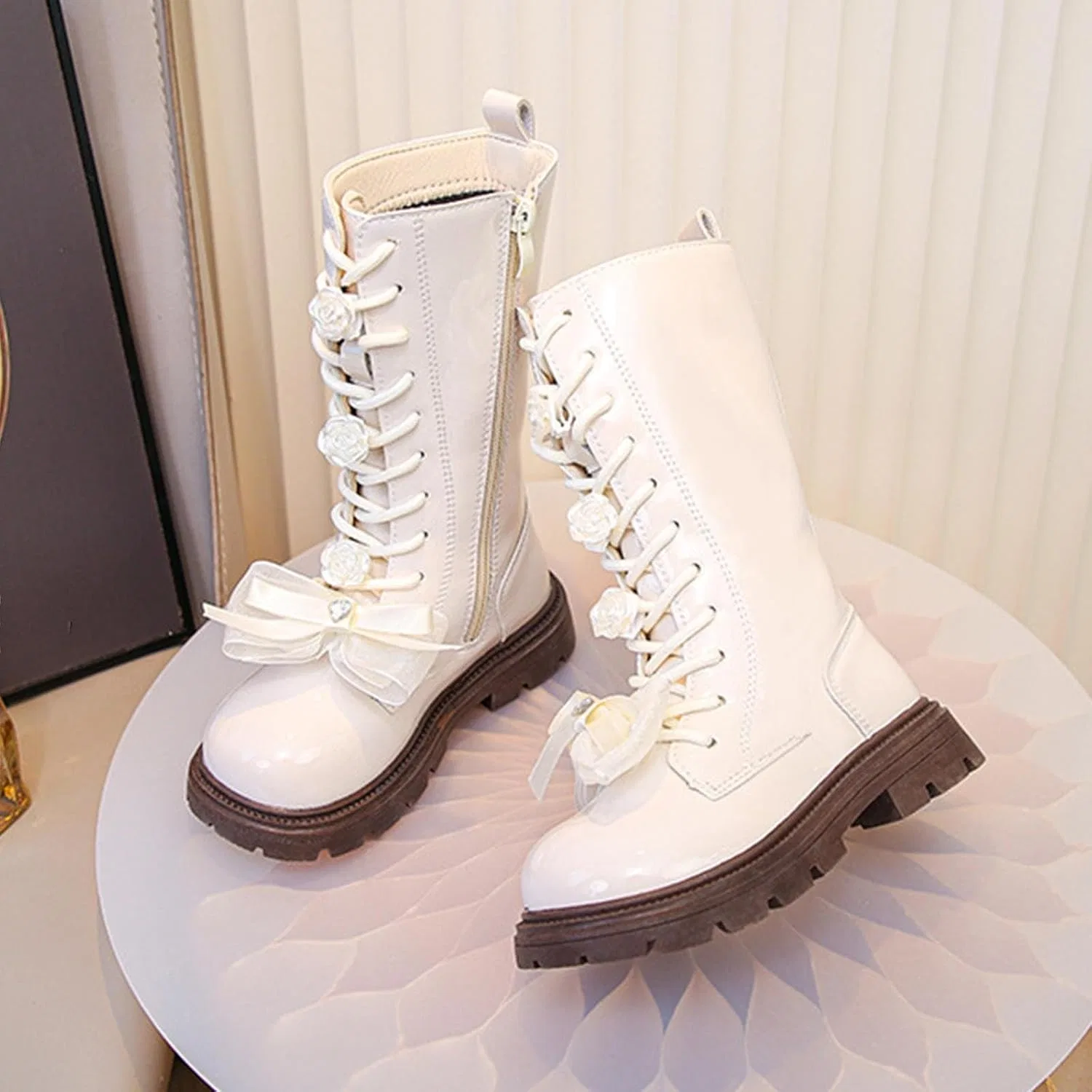 Детские ботинки на шнуровке с принтом Girls Knee High Combat Boots, Beige — фото 2