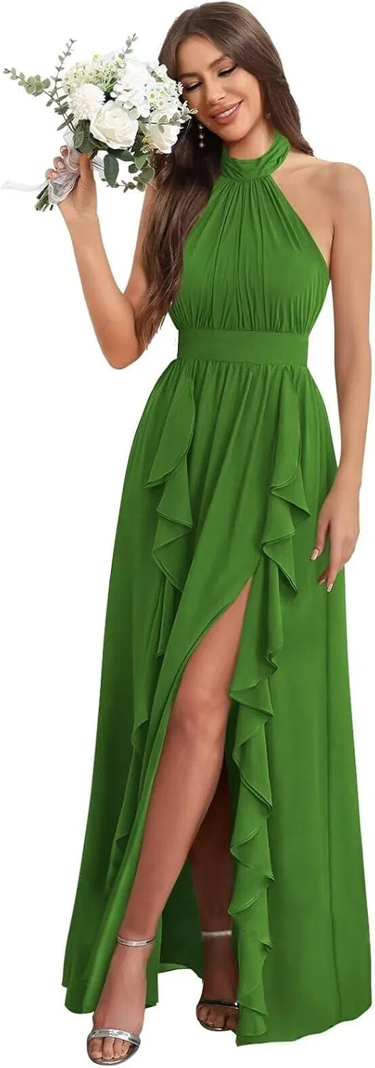 Женское длинное платье с разрезом из шифона A-line, Olive Green