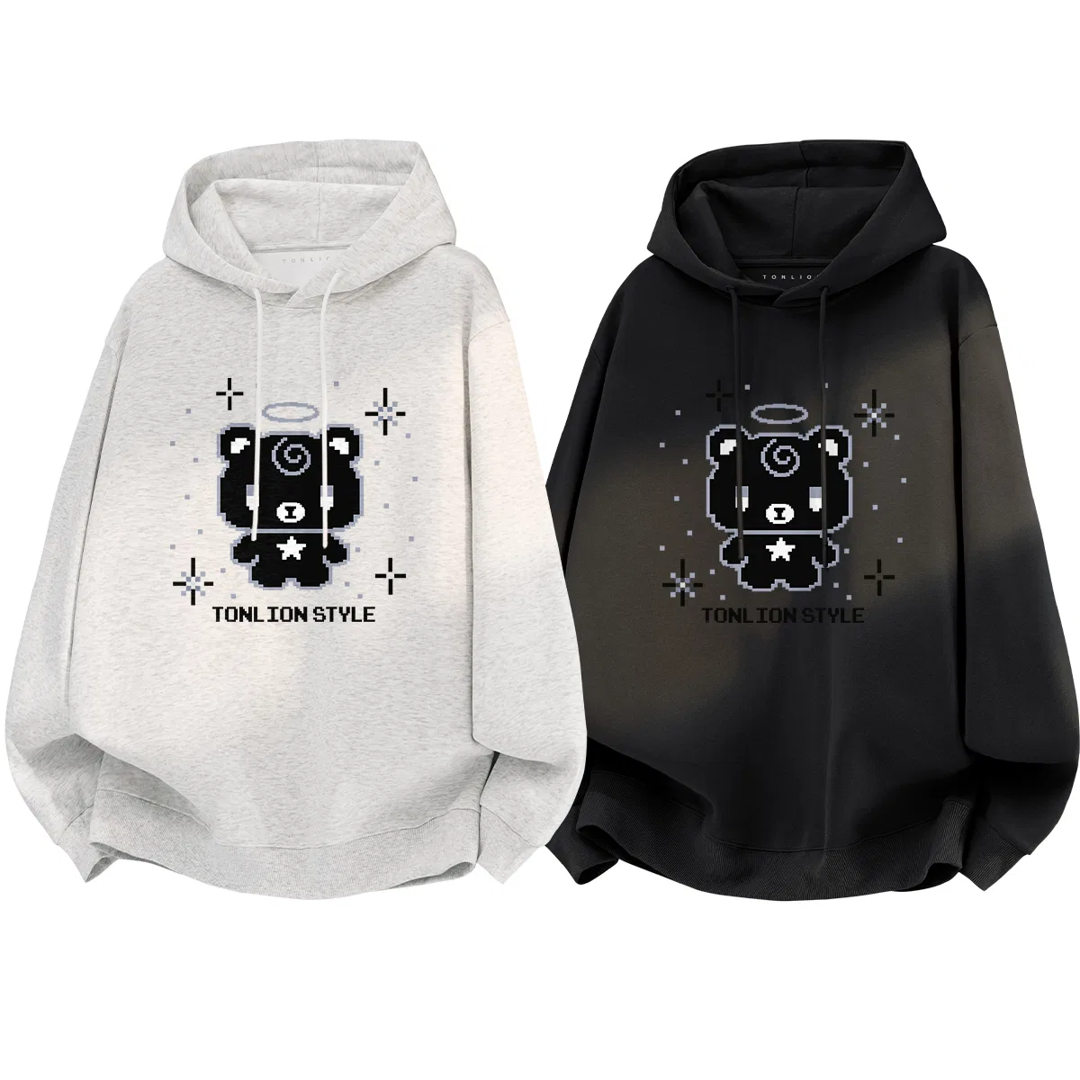 Детский комплект из худи и штанов с капюшоном и принтом Pixel Bear Tonlion, Черный — фото 3