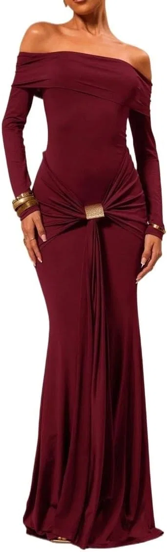 Женское длинное платье-бодикон с запахом Off Shoulder, Burgundy