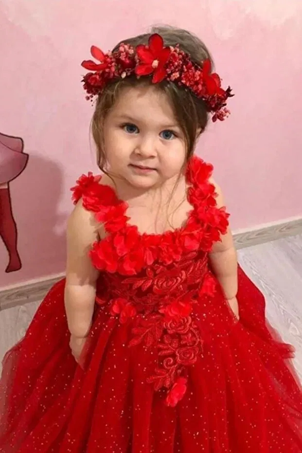 Детское платье для девочек из фатина с принтом Crowned Red Rose Miço Kids, Red — фото 3