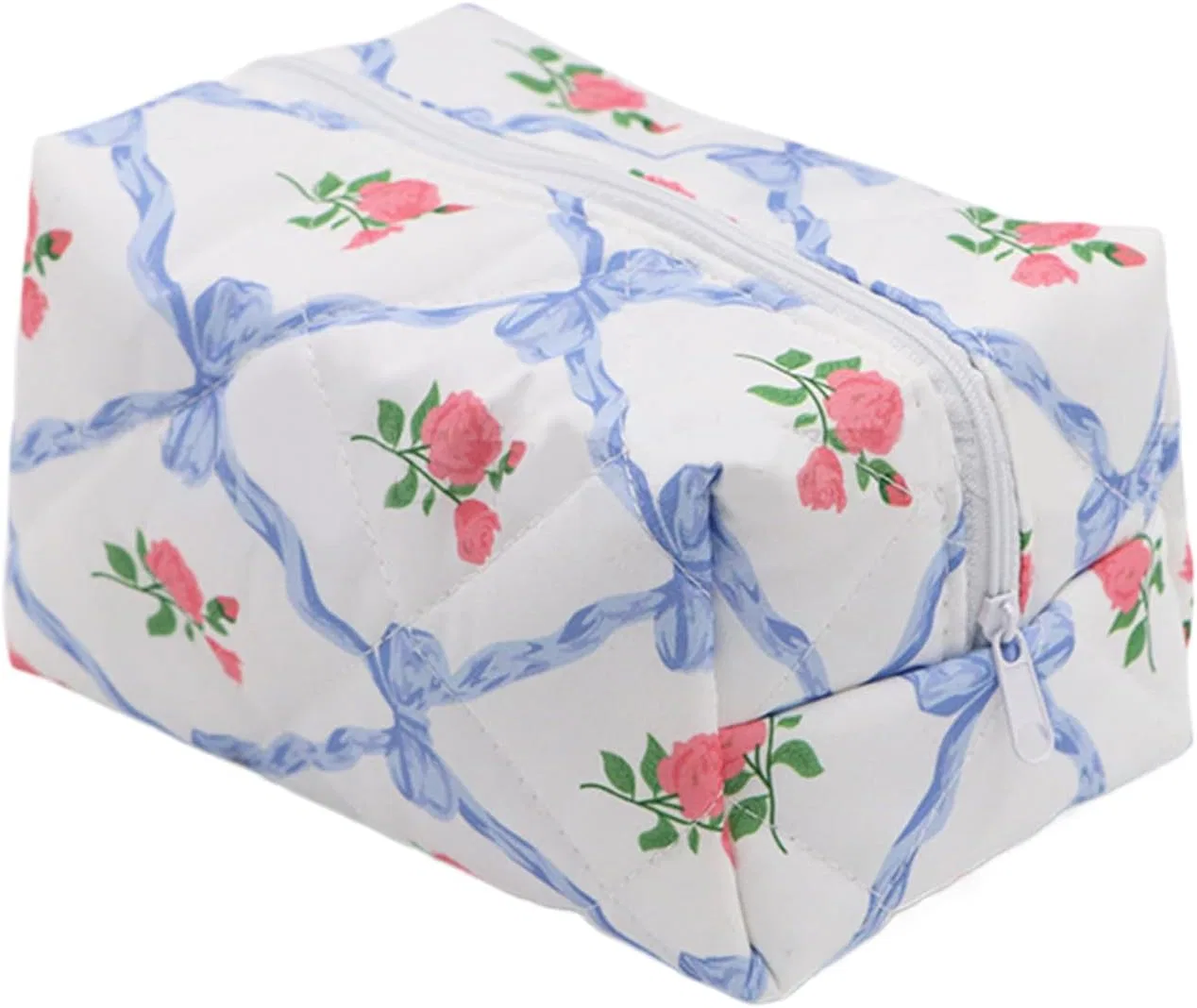 Косметичка стеганая с цветочным принтом, Generisch, 16x9.5x10 см, Blue
