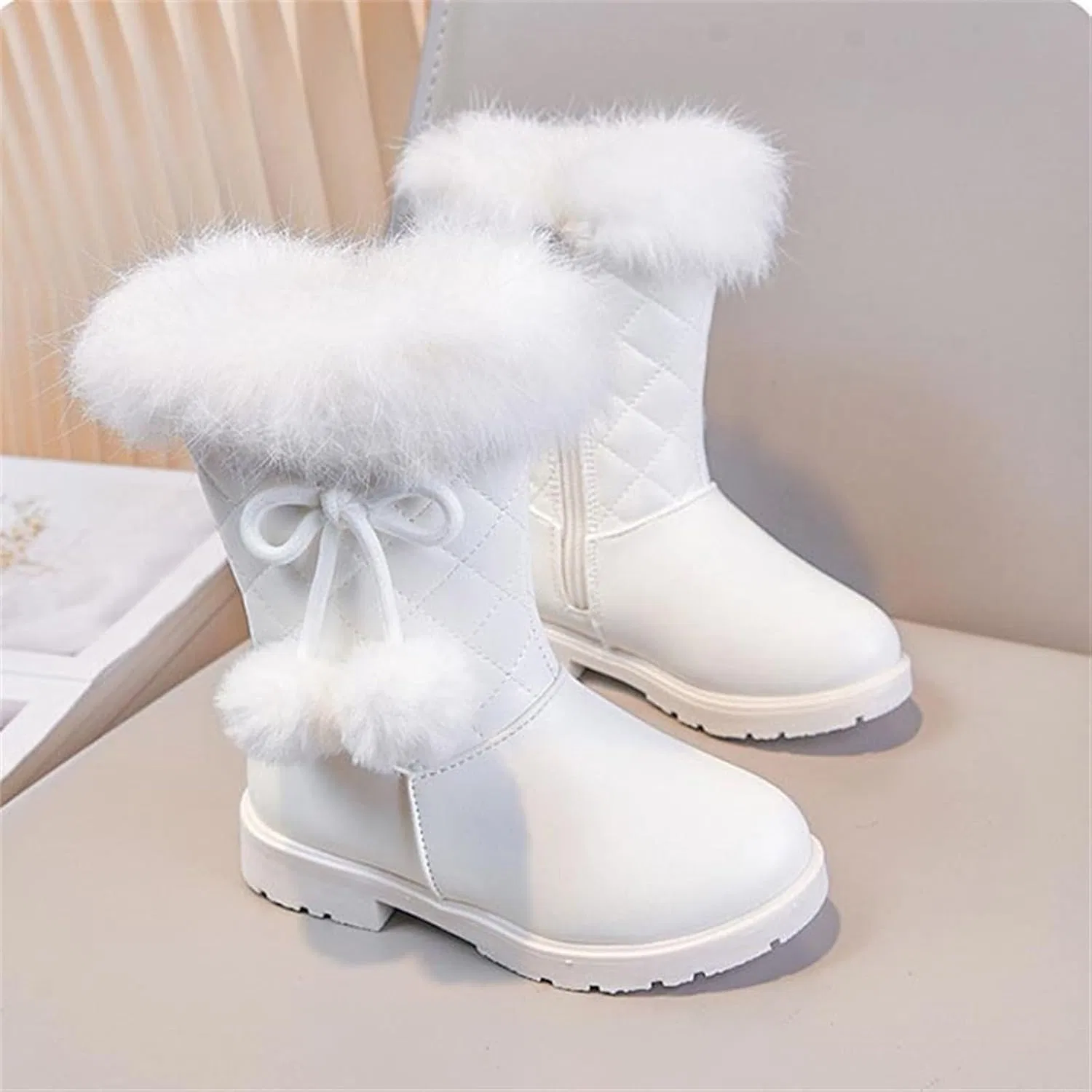 Детские зимние сапоги для девочек с меховой подкладкой и бантом SHOPESSA, White — фото 3