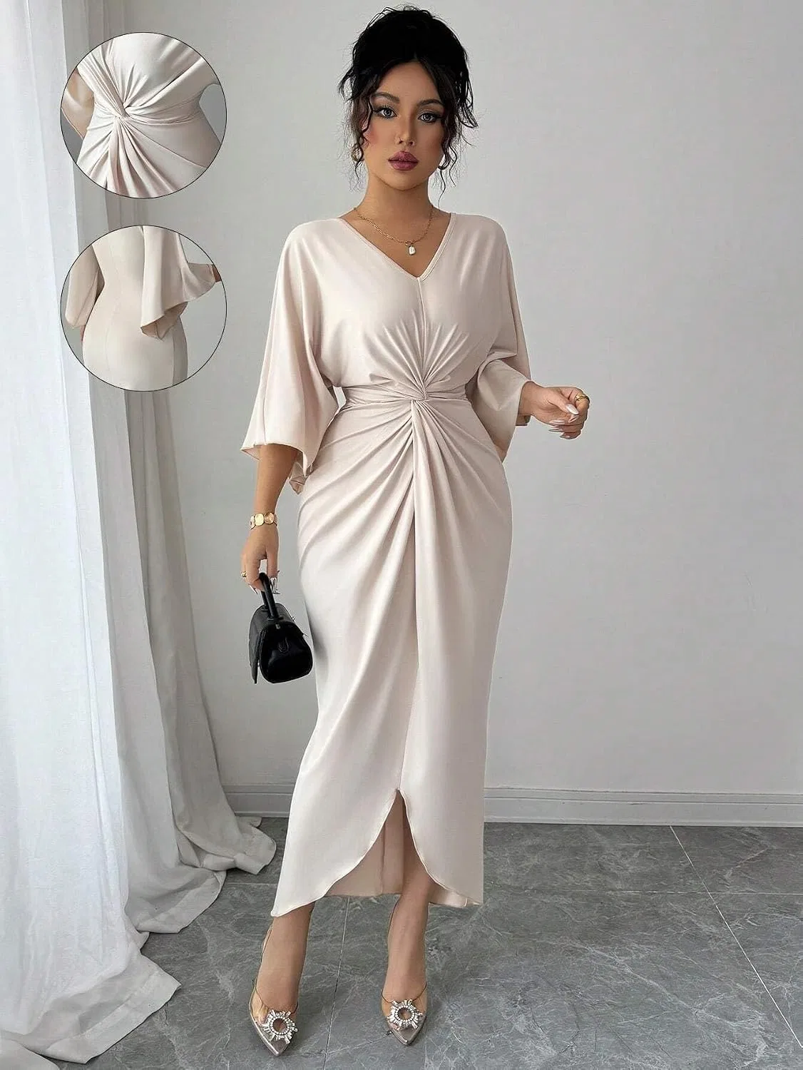 Женское облегающее платье миди с V-образным вырезом Twisted Design, Apricot — фото 2