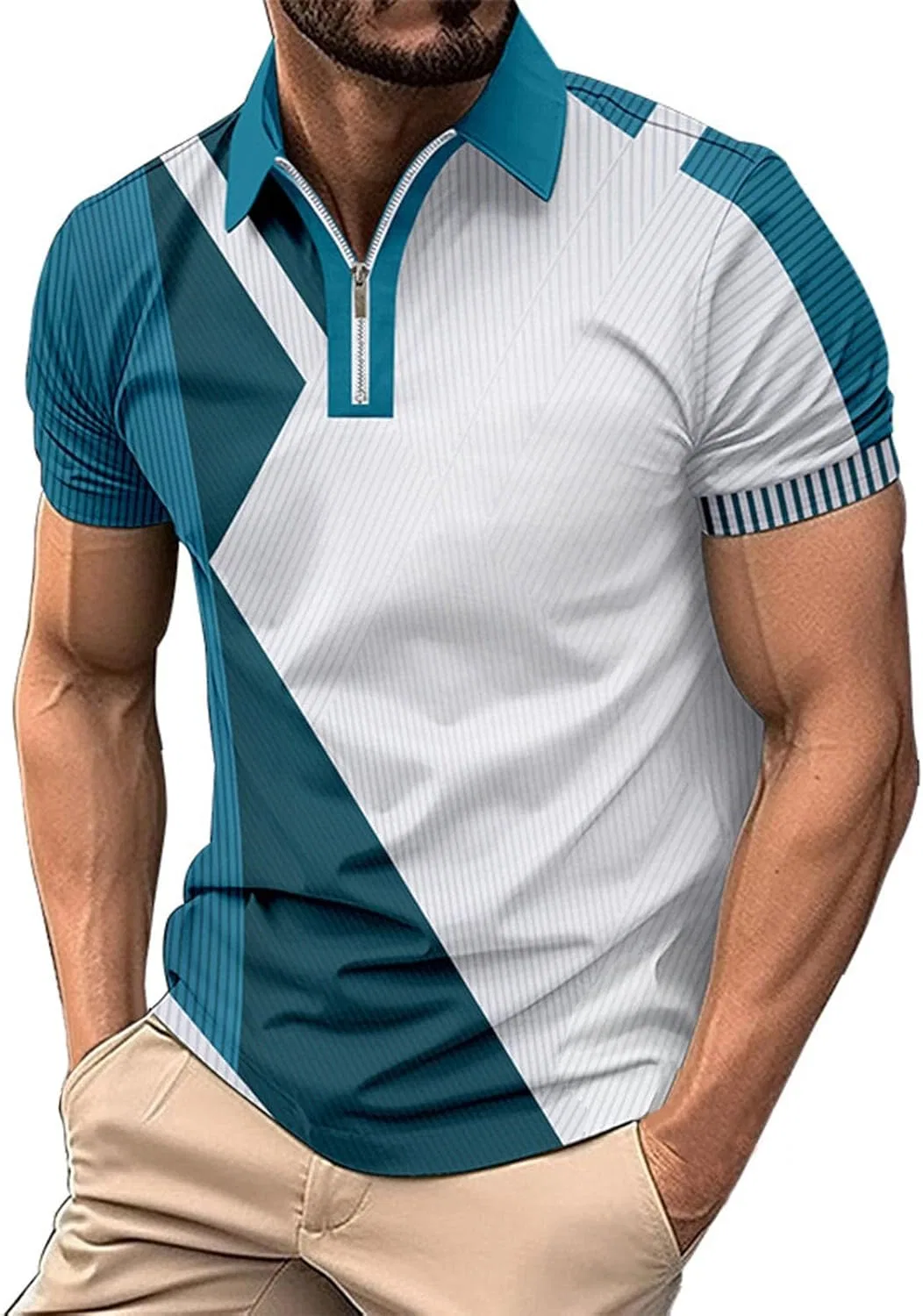 Мужская футболка с четвертью молнией и воротником-лацканом, Lightweight, Green