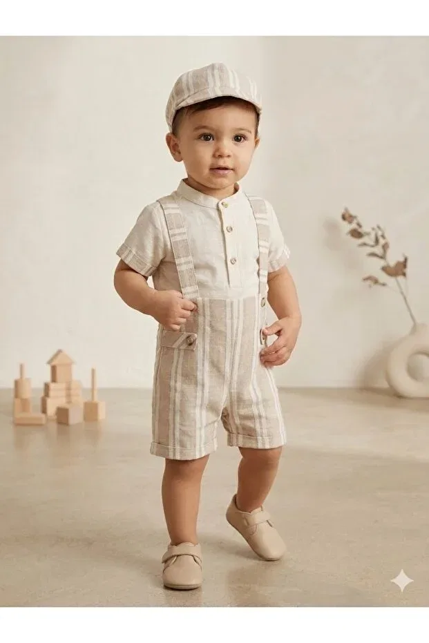 Детский комбинезон для мальчиков в полоску с кепкой Junior Class, Beige — фото 4