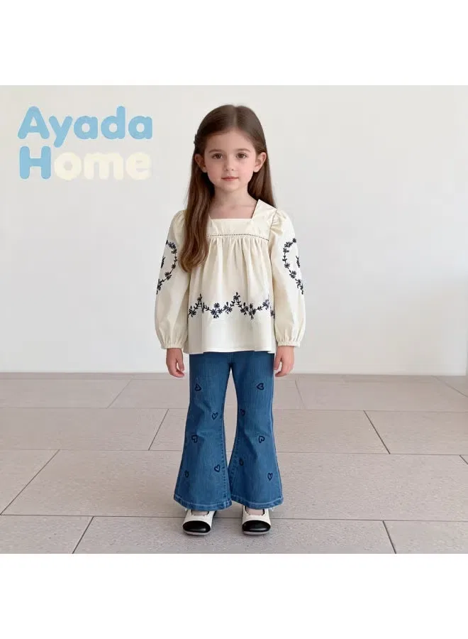 Джинсы-клеш с вышивкой-сердечком на эластичном поясе Ayada Home
