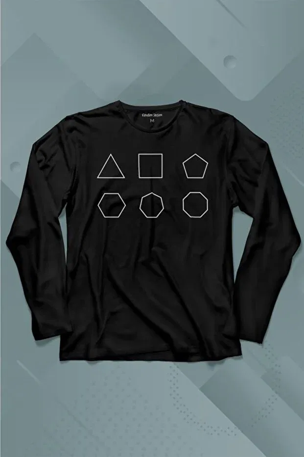 Детская футболка для девочек с принтом Geometry Polygons Triangle Pentagonal Hexagon Octagon Long Sleeve T-Shirt Printed Kids T-Shirt Kendim Seçtim, Black