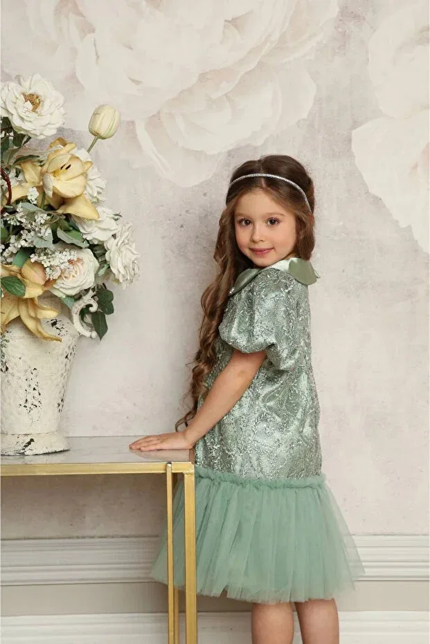 Детское платье для девочек с коротким рукавом Stone detailed sequined laced children's dress Pixinadeluxe, Green