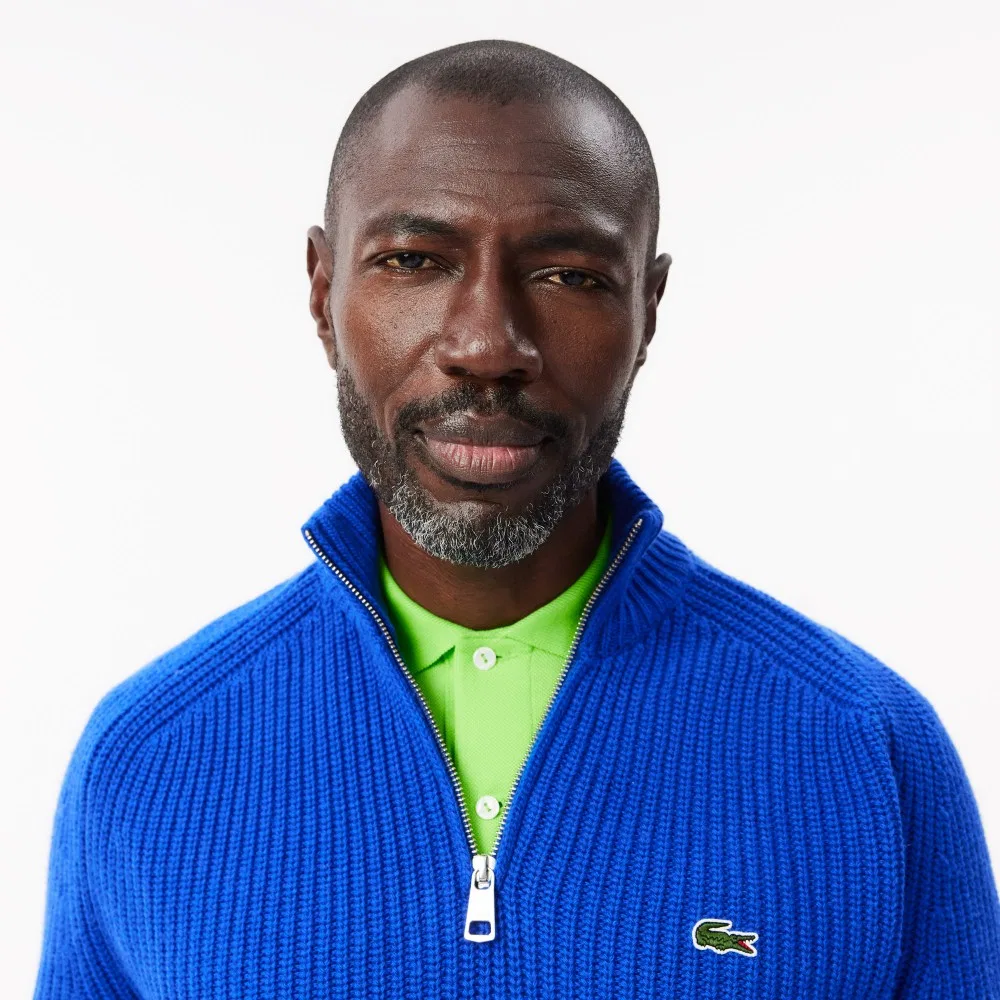 Мужской пуловер на молнии в рубчик из шерсти синий от Lacoste — фото 2