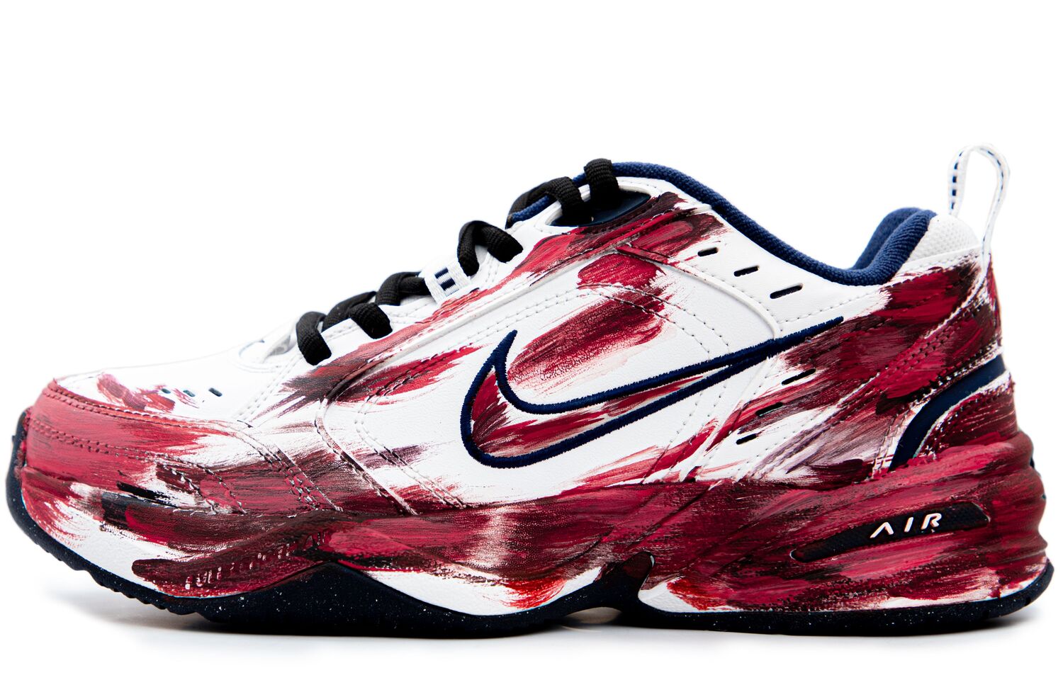 

Nike Мужские и женские кроссовки Air Monarch 4 с противоскользящей износостойкой подошвой, низкие массивные, черно-красные и бело-красные, цвет White Red