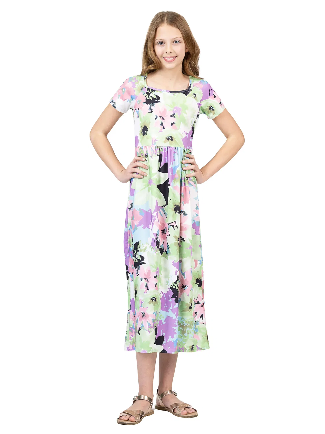 24seven Comfort Apparel 24sevenkid Девочки, пастельное платье макси с цветочным принтом, короткие рукава