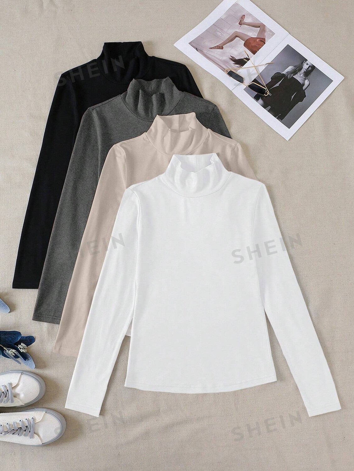 

EZwear Женская футболка больших размеров, высокий воротник, однотонный цвет Shein, мультиколор