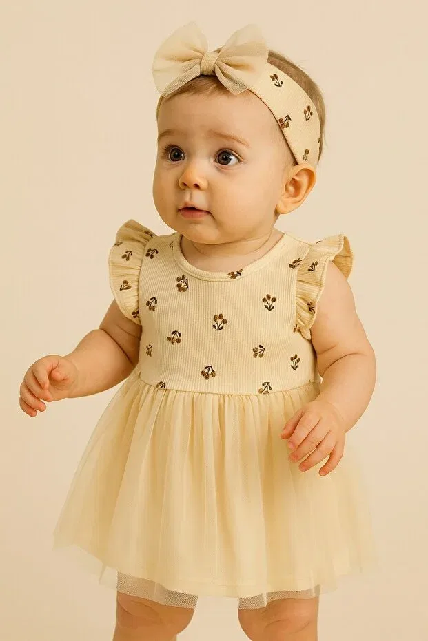 Детский комплект платье с короной из тюля с цветочной вышивкой Chicsy Baby, Nude Color