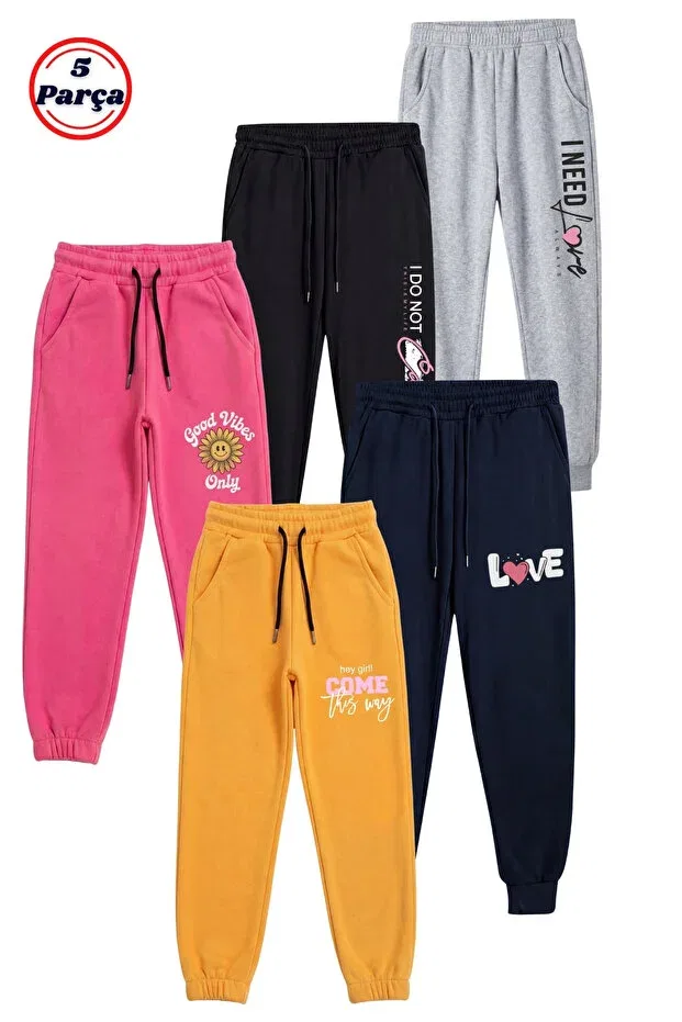 Детский комплект спортивных штанов для девочек с принтом Ya Ko Kids, Gray-Black-Fuchsia-Navy Blue-Yellow