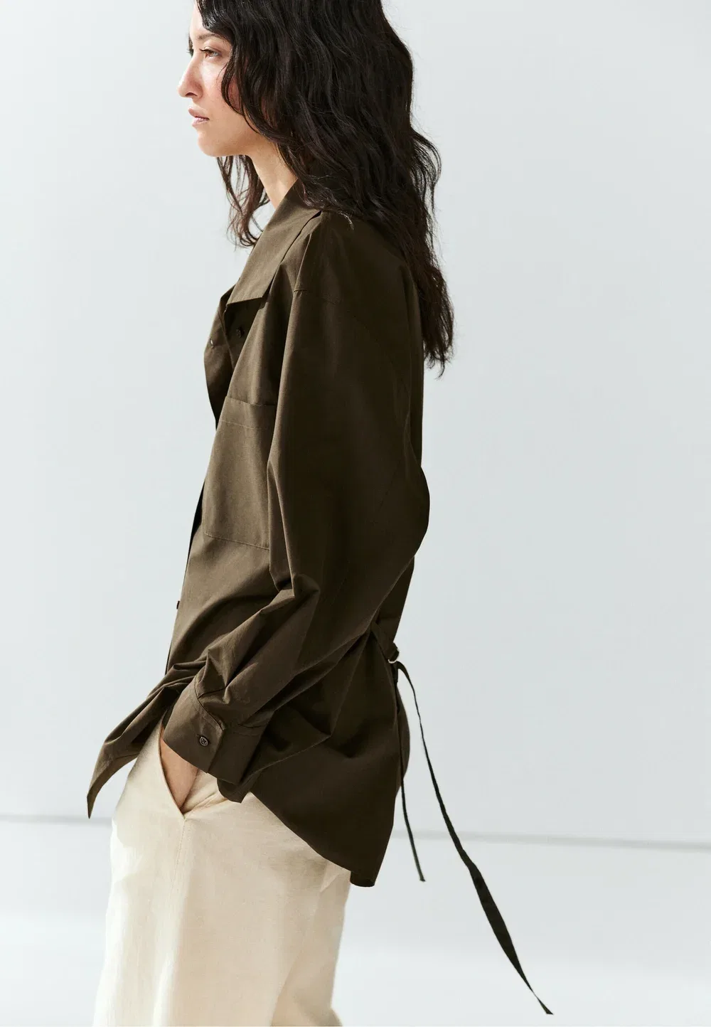 Рубашка с высоким воротником и пряжкой - короткое пальто Massimo Dutti, Khaki — фото 4