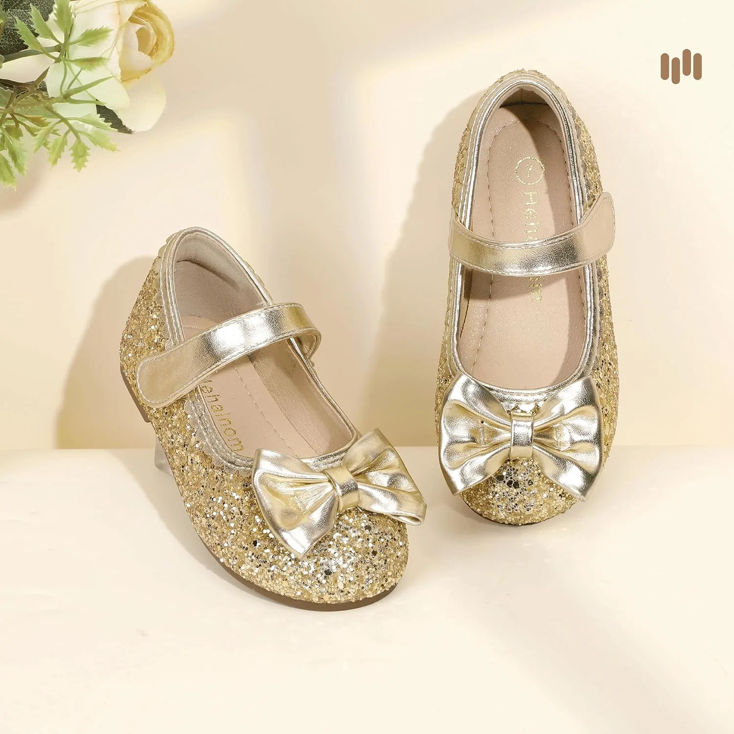Детские балетки для девочек с бантом Hehainom, Gold Sequine — фото 3