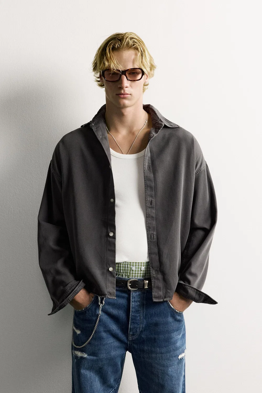 Хлопковая/лиоцелловая рубашка свободного кроя ZARA, Grey — фото 2