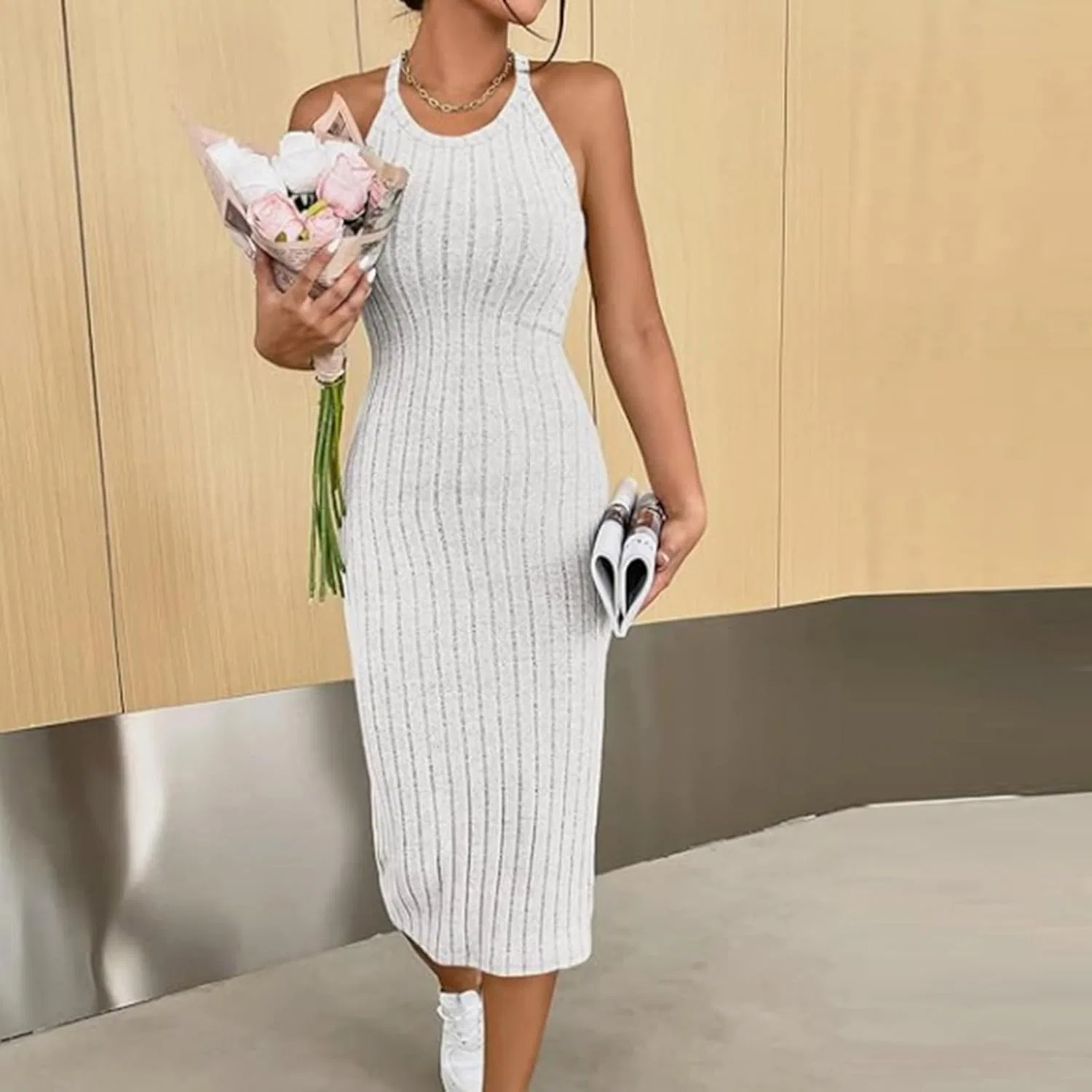 Женское вязаное платье-халтер с глубоким декольте Bodycon, White — фото 2