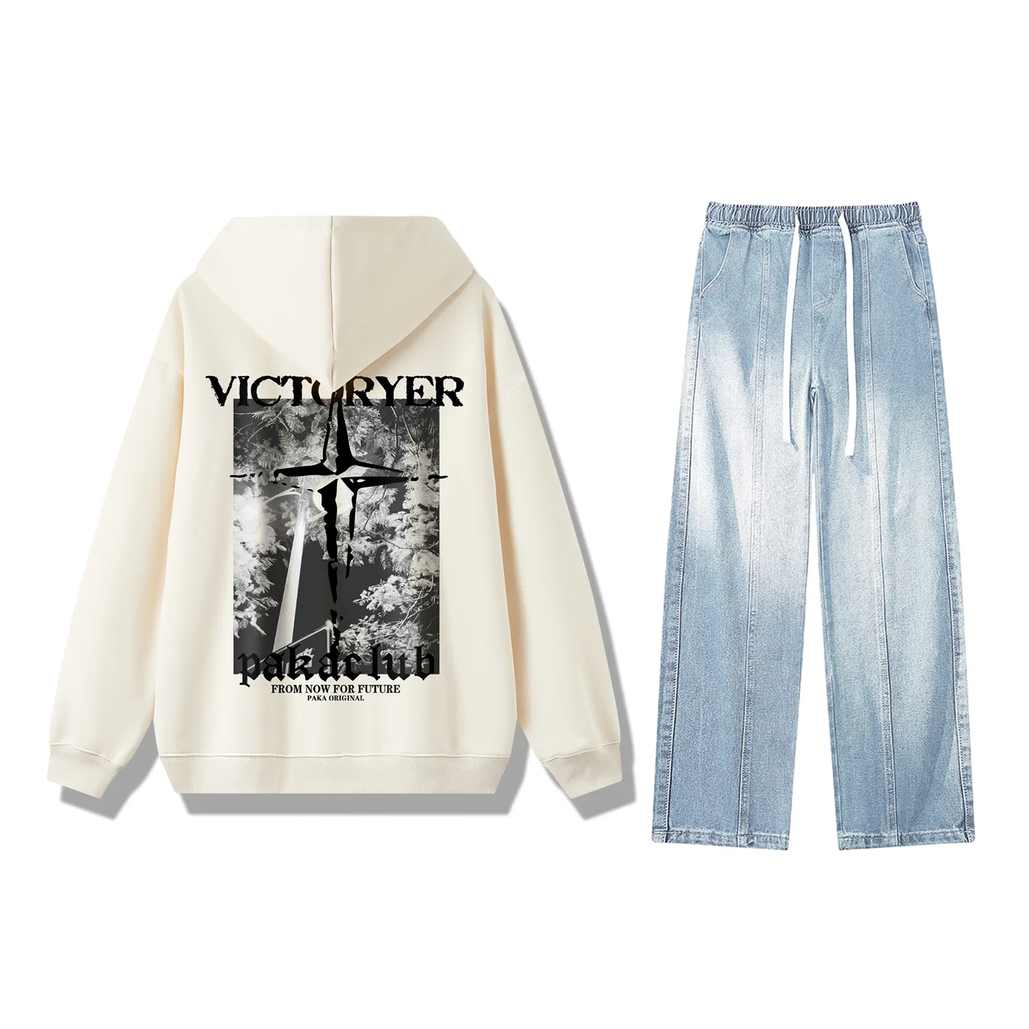 Детский комплект из худи и брюк с капюшоном PAKA, Cream Top+Light Blue Pants