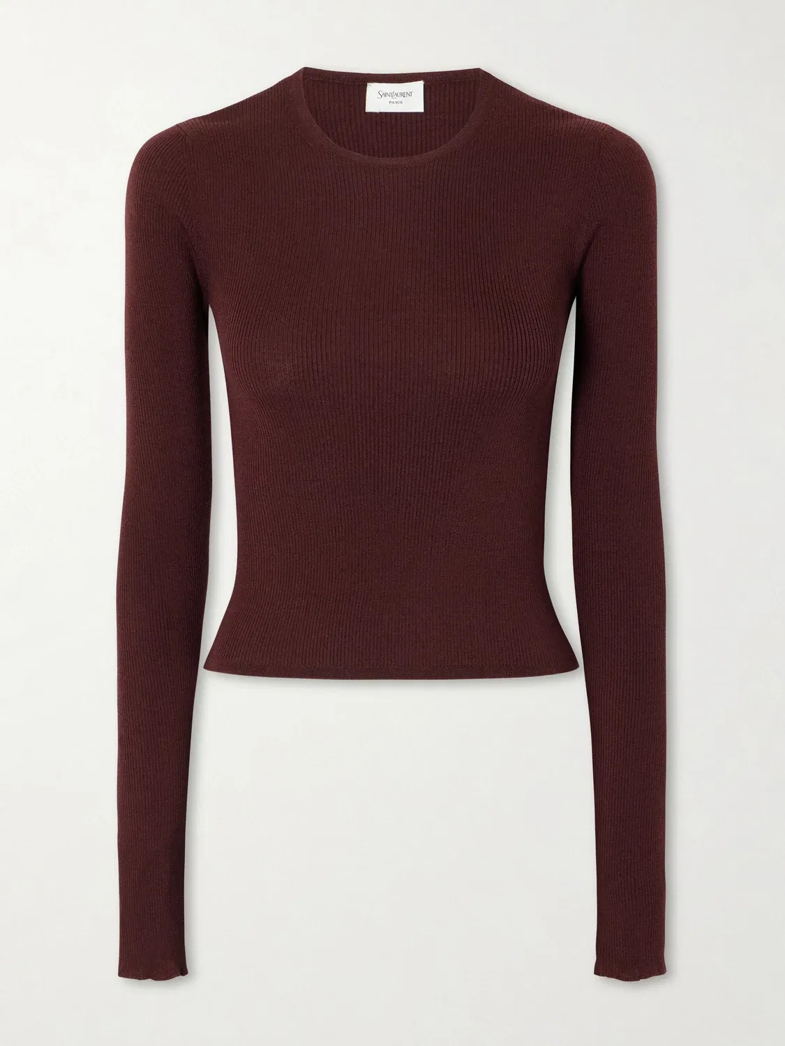 Футболка из кашемира, шерсти и шелка в рубчик SAINT LAURENT, бордовый