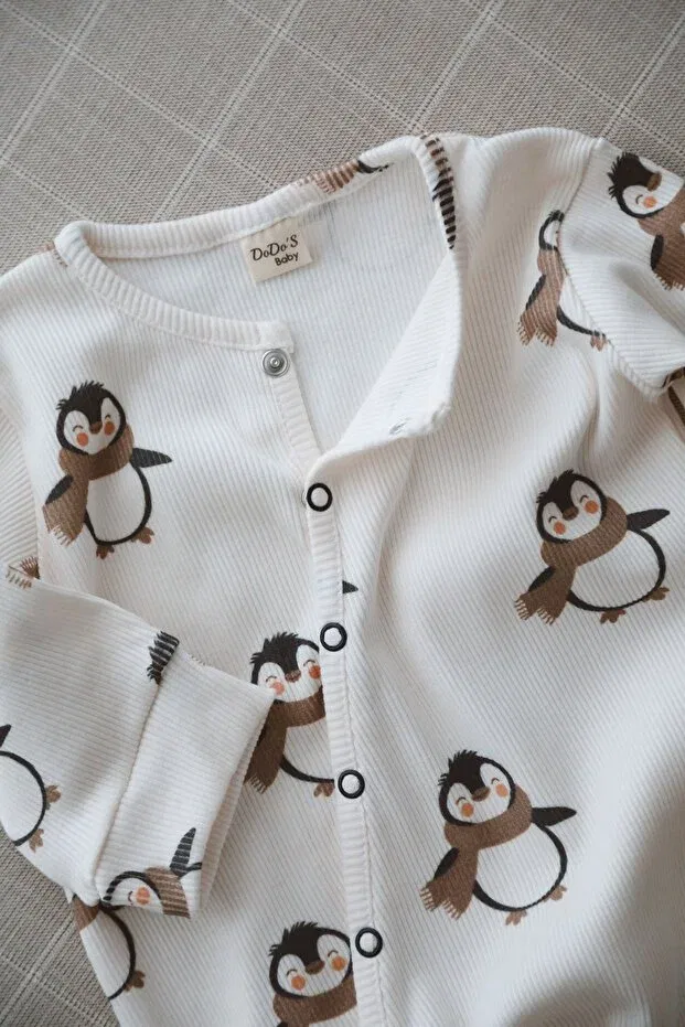 Детский комбинезон для девочек с принтом Puffy Penguin Patterned Organic Ribbed Knit Baby Rompers Dodo'S Baby, Navy Blue — фото 2