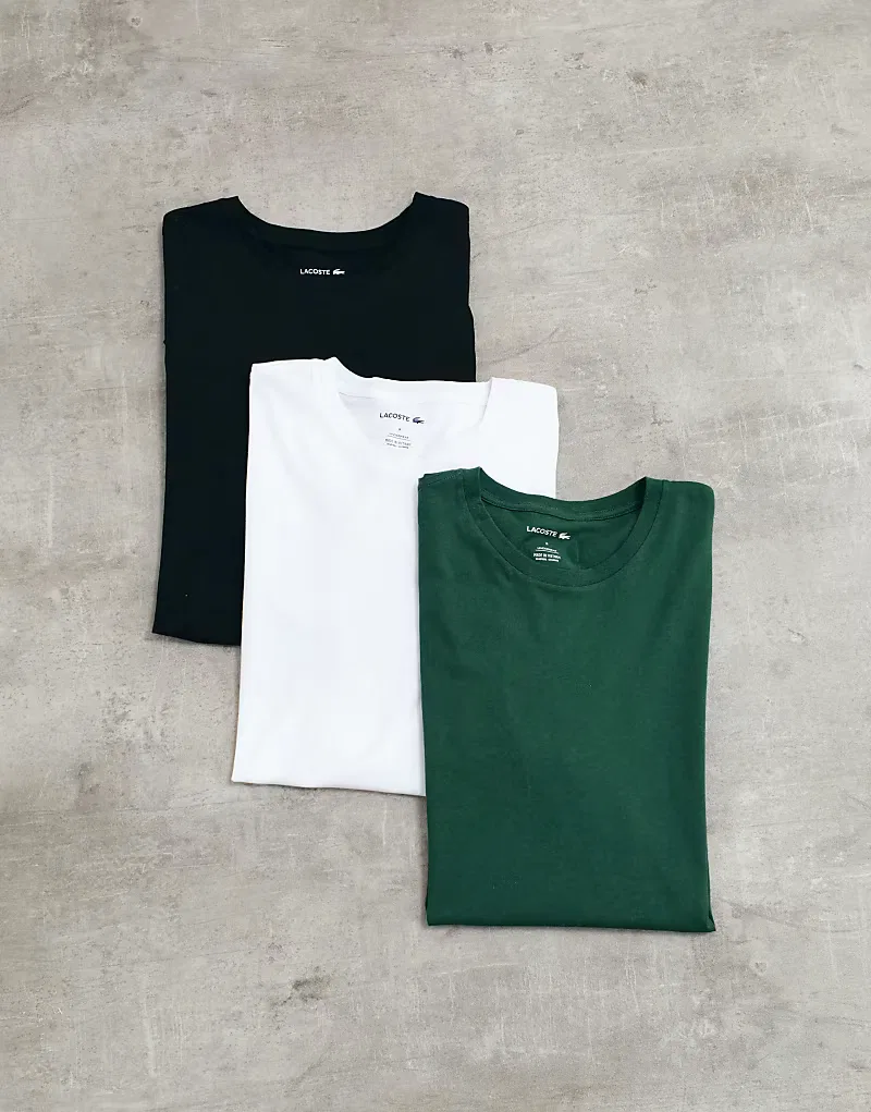 Футболка хлопковая с круглым вырезом 3 шт Lacoste, черный/белый/зеленый