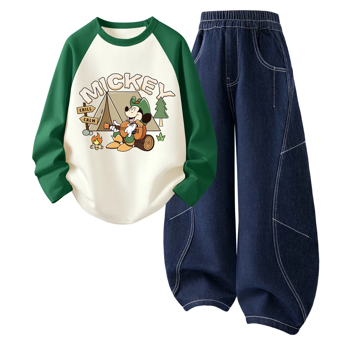Детский спортивный комплект с круглым вырезом, тонкий, дышащий, Diyao Youqi Green White/Solid Color Denim Dark Blue, Disney