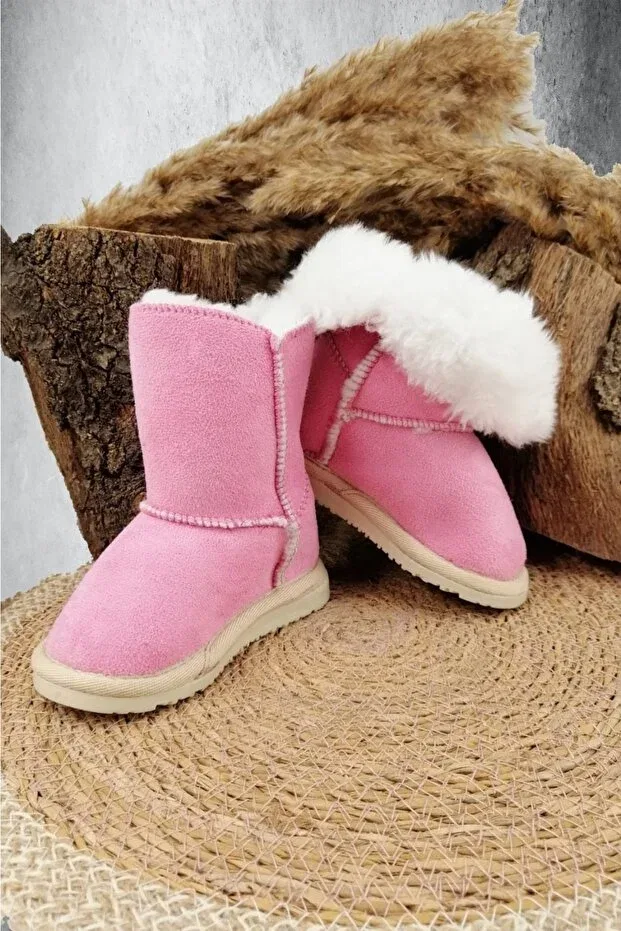 Детские ботинки для девочек на шнуровке с мехом Ada Bebek Çocuk, Pink — фото 2