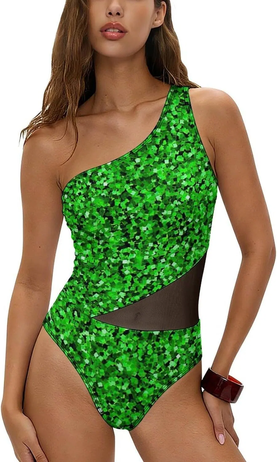 Женский цельный купальник с блестками и одним плечом, Green