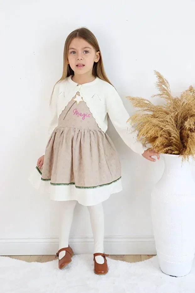 Детское платье для девочек с вышивкой Sevimli, Light Khaki — фото 2