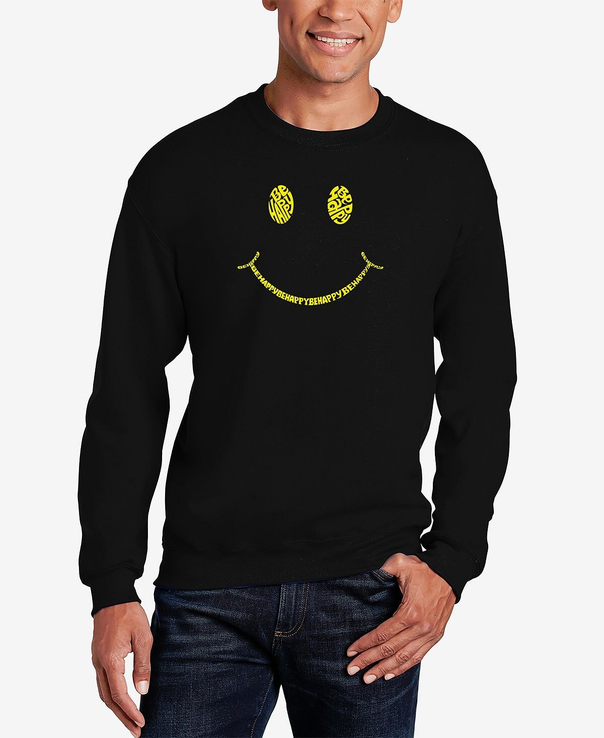 

Мужская толстовка с круглым вырезом be happy smiley face word art LA Pop Art, черный