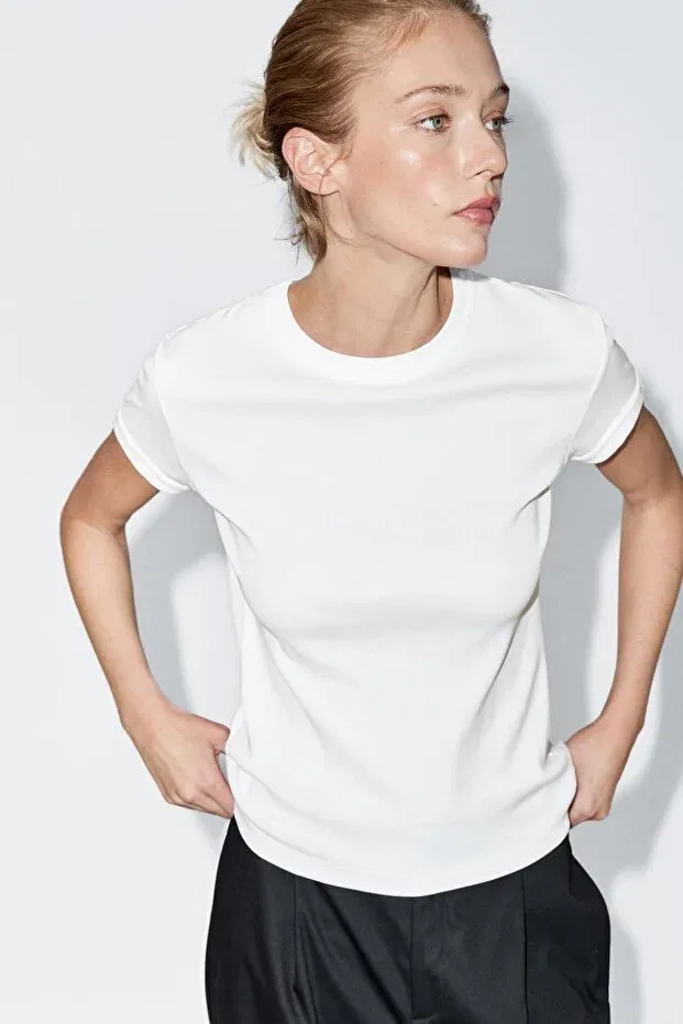 Женская хлопковая футболка с коротким рукавом Massimo Dutti, Cream — фото 3