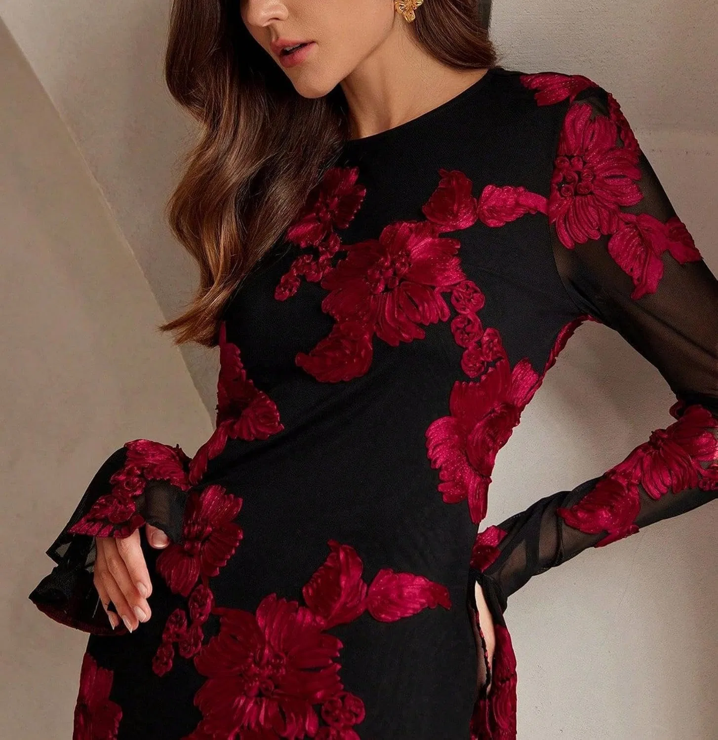 Женское вечернее платье с цветочным жаккардом A-силуэта, Black/Floral — фото 3