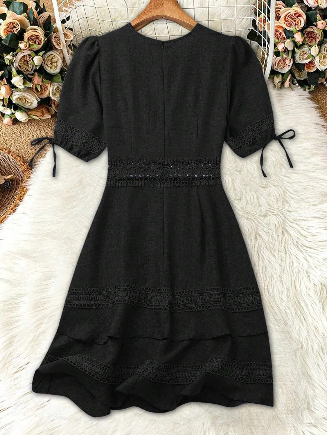 Женское повседневное платье A-силуэта с кружевным поясом, Black — фото 3