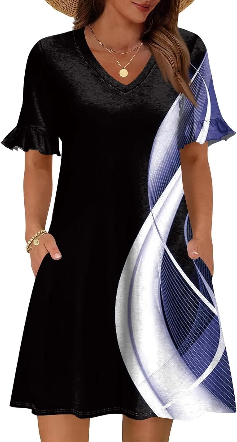 Женское летнее платье с цветочным принтом A-line V-neck, Dark Blue