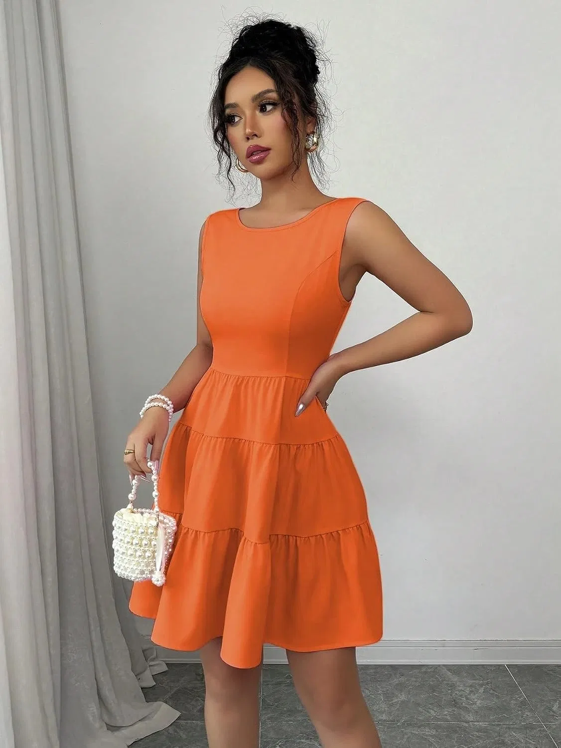 Женское повседневное платье мини с рюшами A-силуэта, Orange — фото 4
