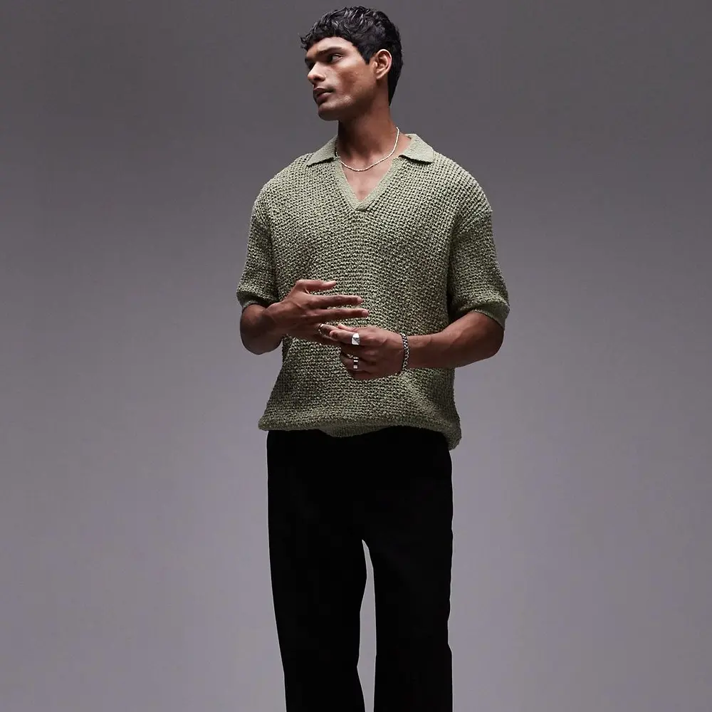 

Поло Topman Knitted Cotton Revere, хаки