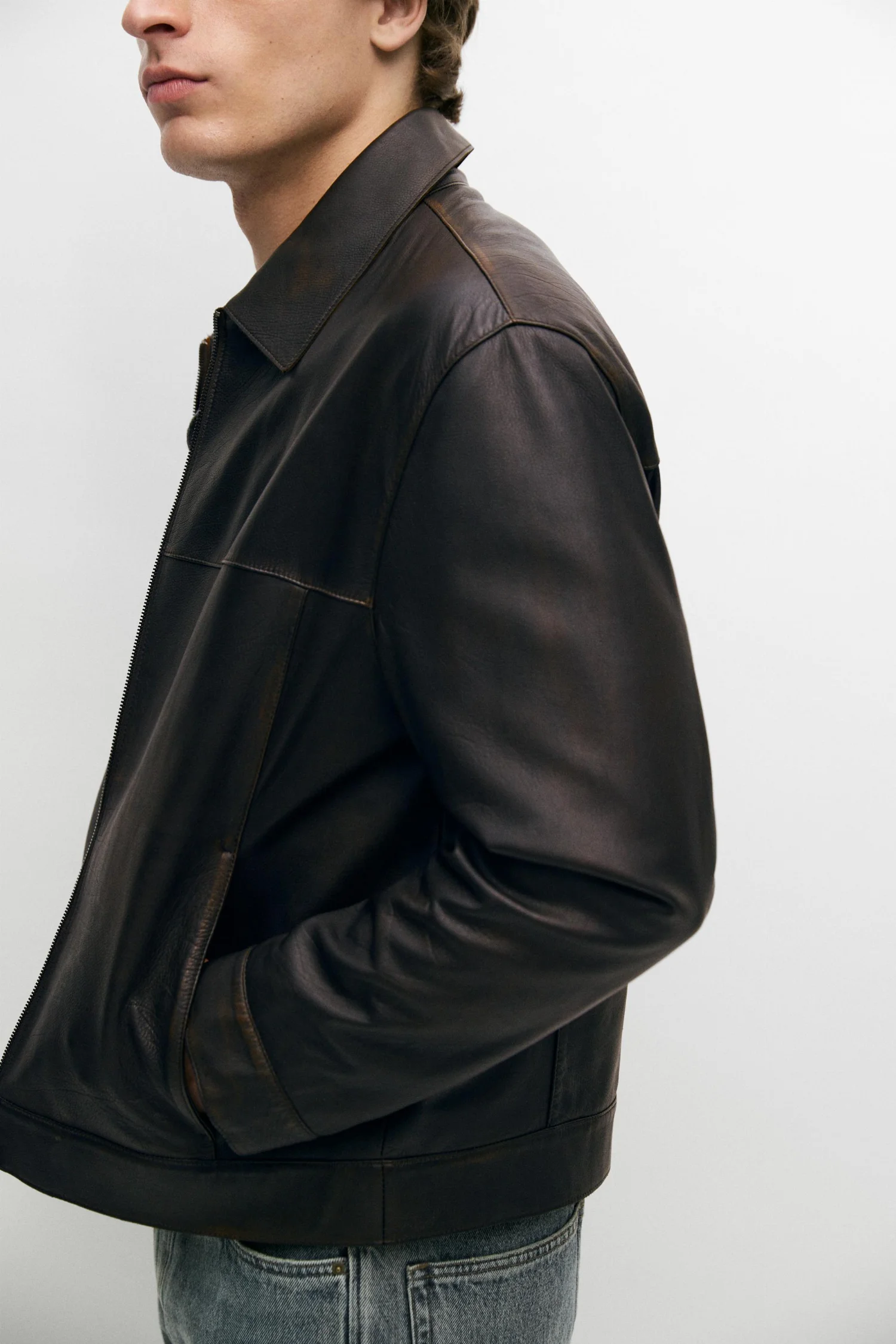 Кожаная куртка Massimo Dutti With Nappa Collar Detail, коричневый — фото 4