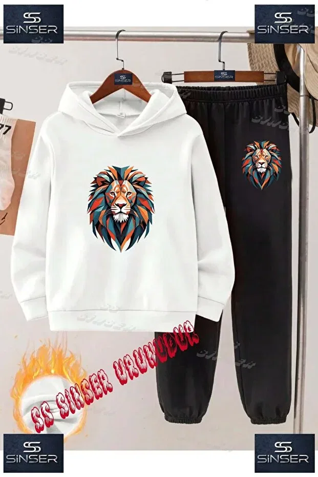 Детский комплект спортивного костюма с принтом Lion Geo Ss Sinser, White - Black