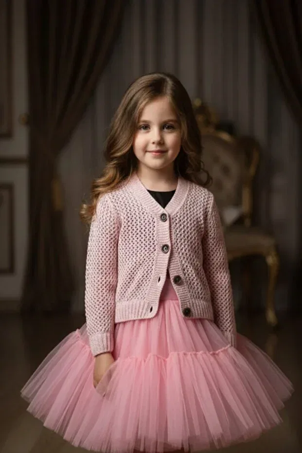 Детское платье-кардиган для девочек Mesh Knitwear Meriç Bebe - Bütün Çocuklar Melektir. Mrc, Powder — фото 2