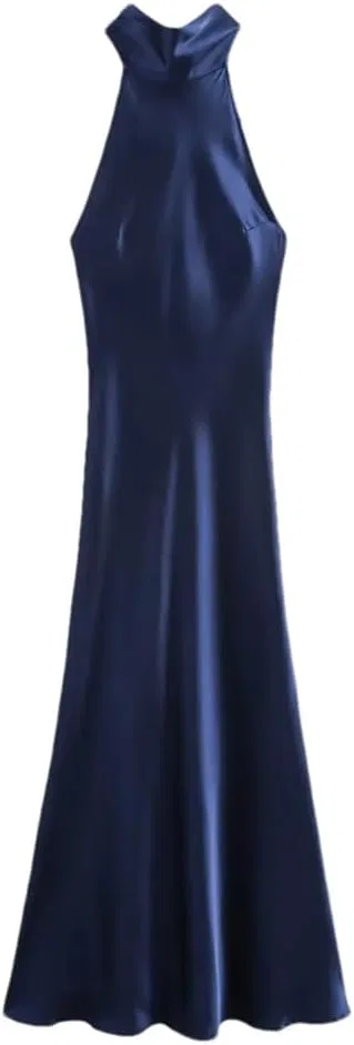 Женское атласное полувысокое горло платье макси, Blue