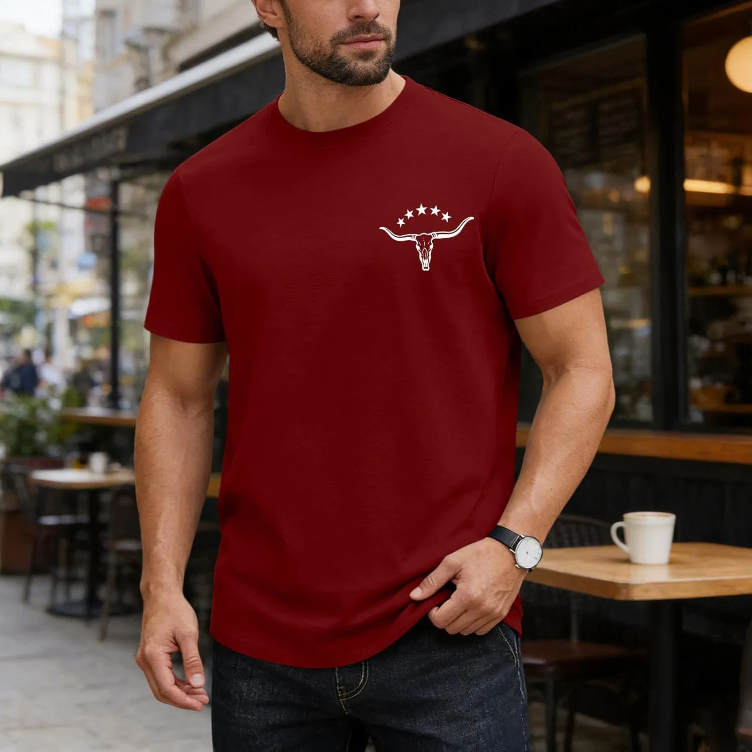 Мужская футболка свободного кроя с принтом, Summer Short Sleeve Cotton T Shirts, Red — фото 2